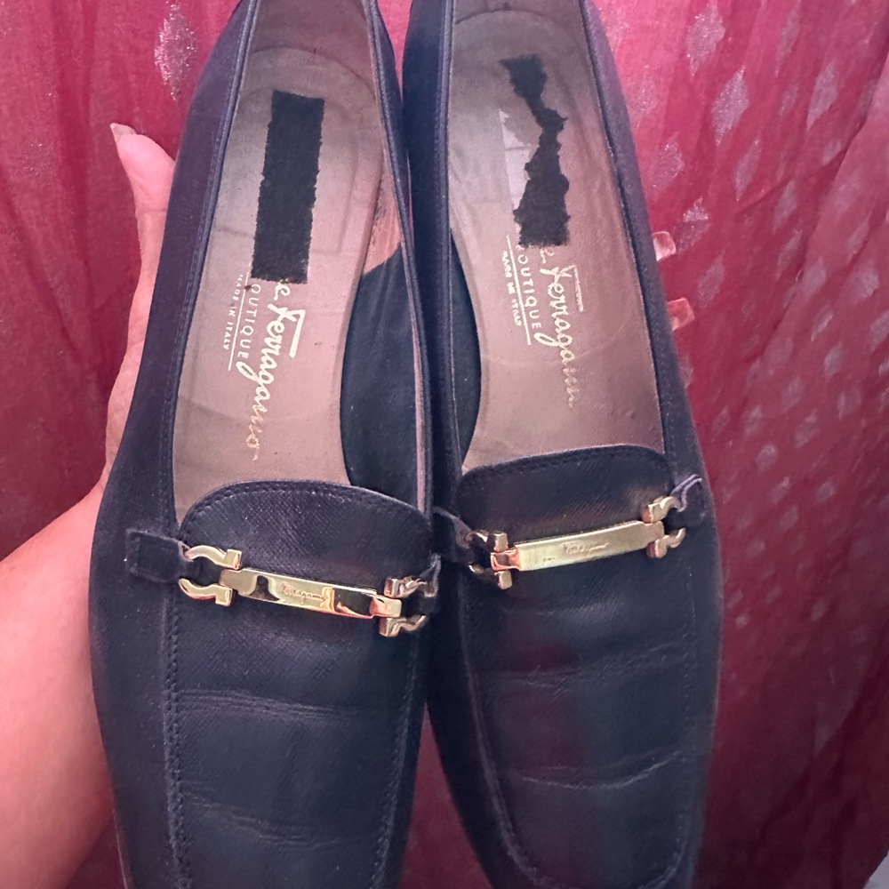 Salvatore Ferragamo Black Leather Loafers with Gold Hardware